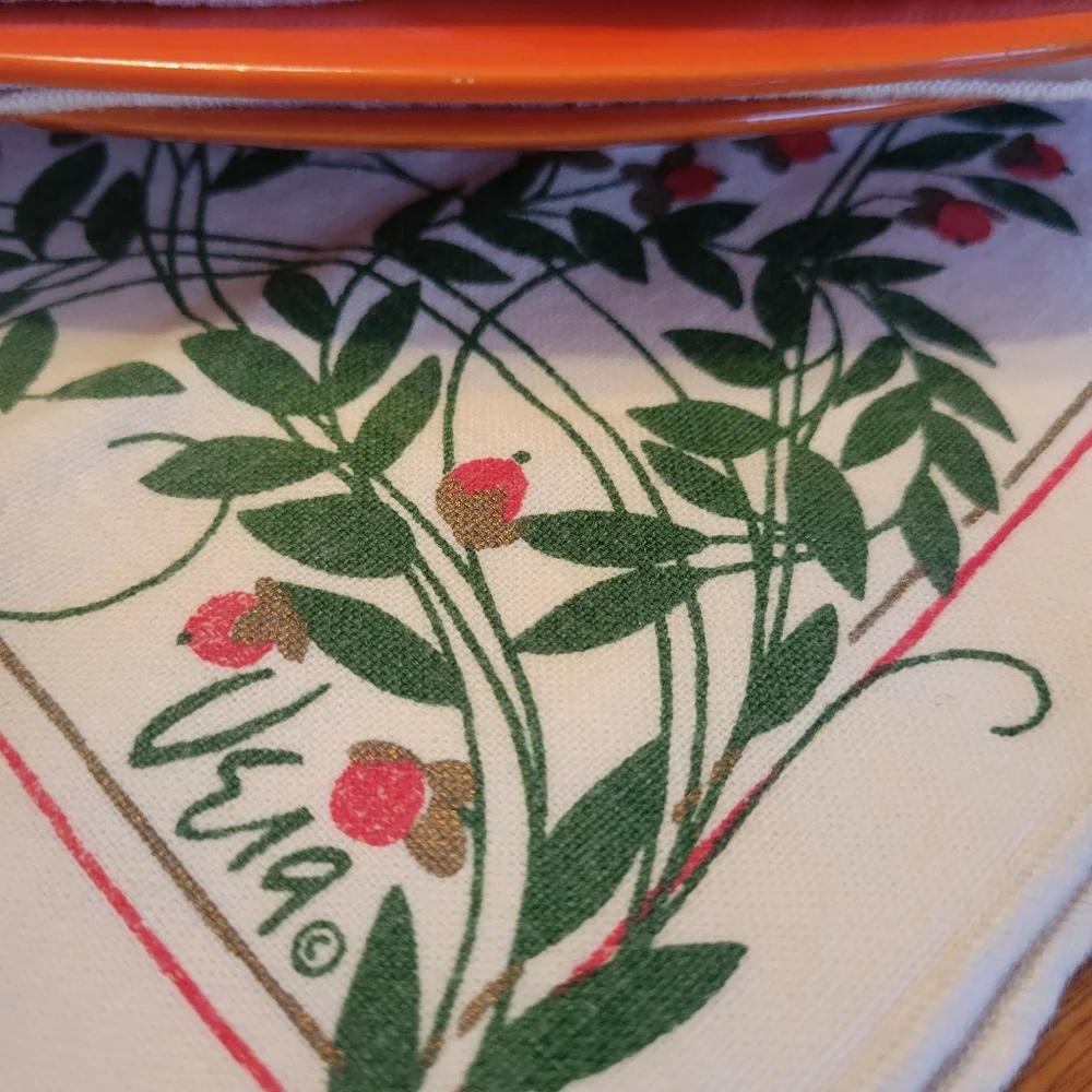 Vera Neumann Vintage Linen (?) Napkins (3) ~ Red Flowers Green Foliage ~ Pretty!